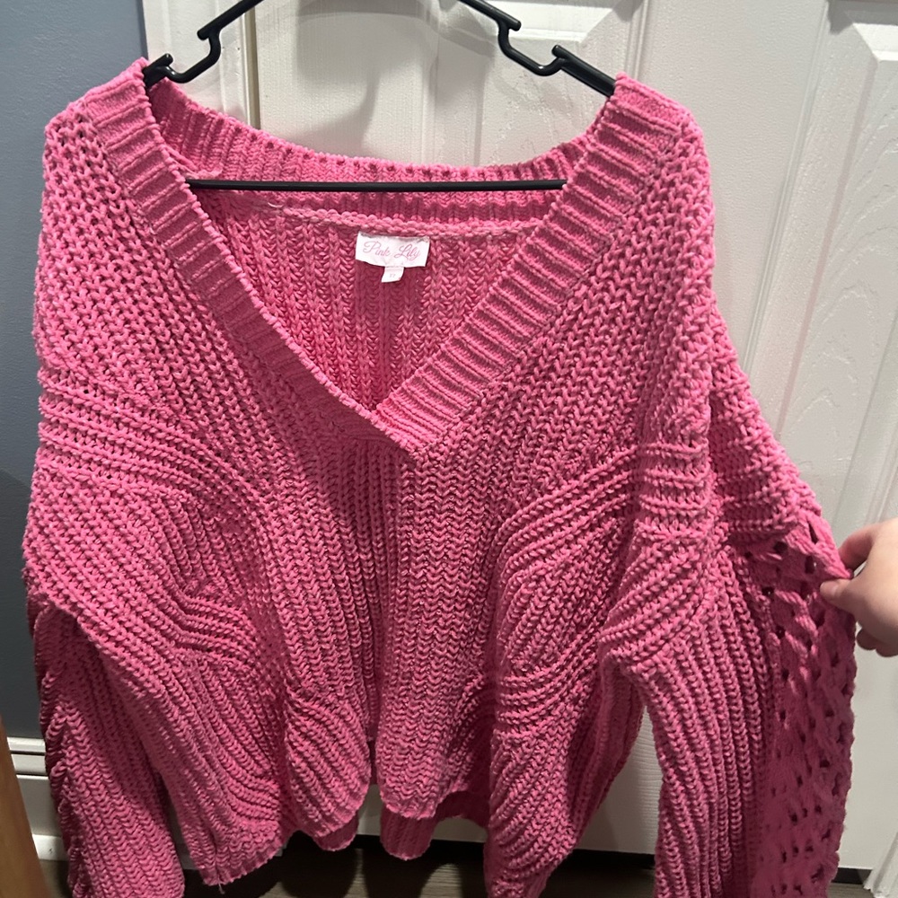Pink Lily Vibrant Pink V-Neck Sweater